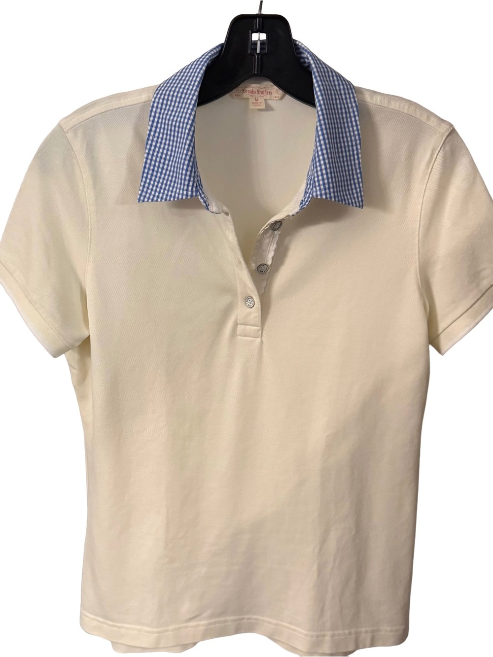 Brooks Brothers Womens Ivory Polo Shirt W/ Plaid Collar Accent Sz M NWOT